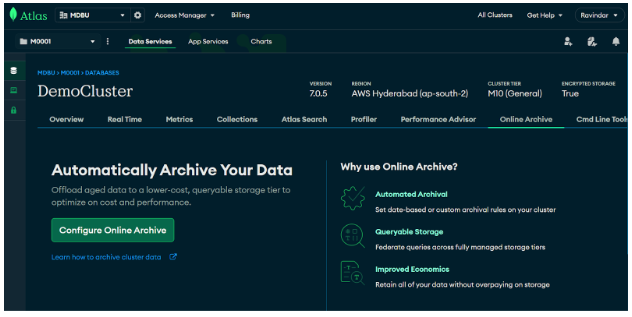 Location to configure online archive from main cluster – DemoCluster