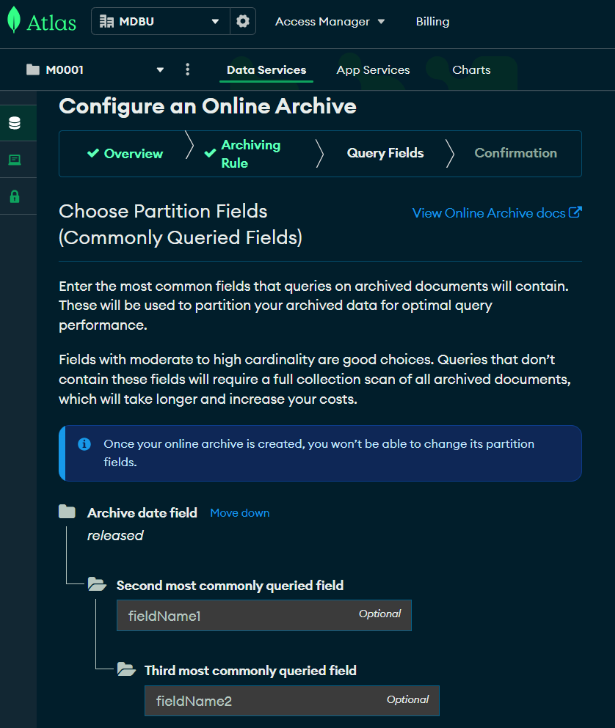 Configure online archive – partition query fields