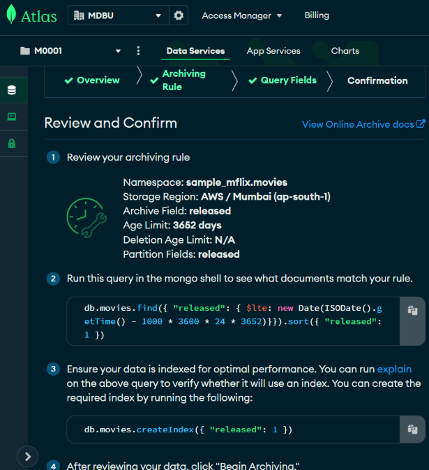configure an online archive – Review and Confirm page