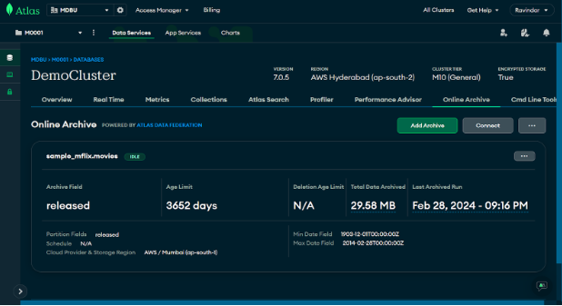 Online archive – overview page from main cluster consolidated rule information.