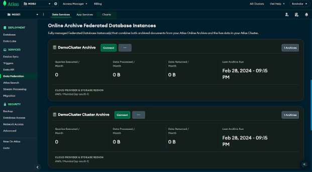 Data federation – online archive federated database instances window