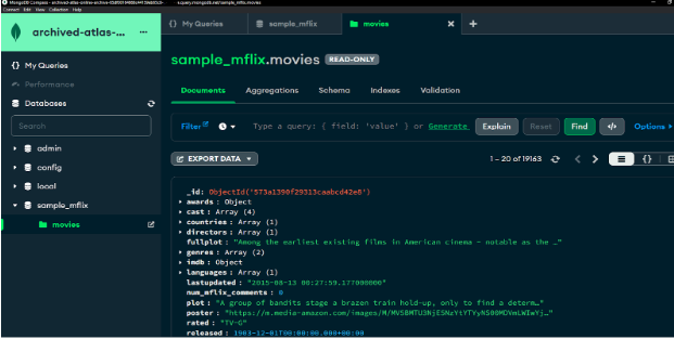 Archived database collection – sample_mflix.moves data only from this connection string