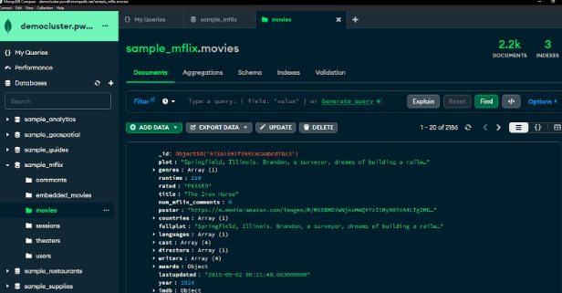 MongoCompass – only latest data available on main cluster after online archive setup. Aged data can be accessed through separate federated database instances as discussed in the Federated Databases tab.