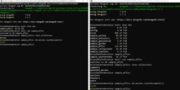 ShellPrompt → The left side is only an archived database view; the right side is an Atlas online archive cluster databases view.