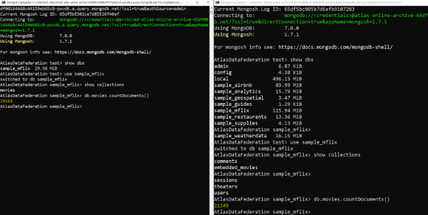 ShellPrompt → The left side is only an archived database view; the right side is an Atlas online archive cluster databases view.