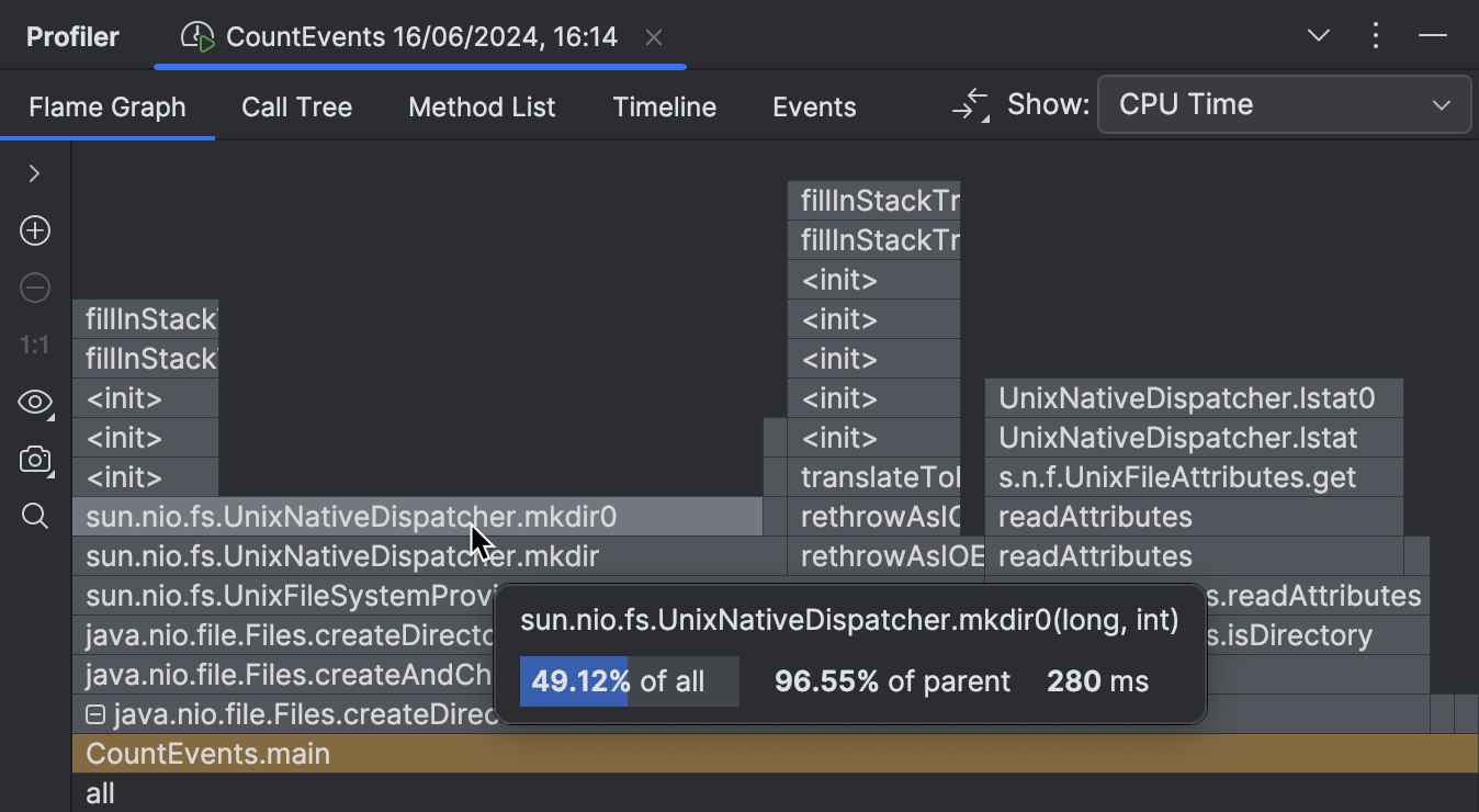 Expanding a node in the flame graph shows additional library nodes that were folded