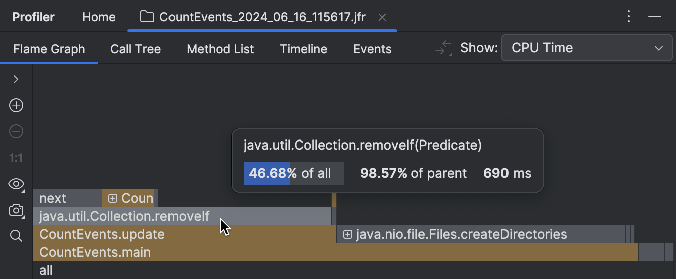 Pointing at the removeIf() frame on the flame graph