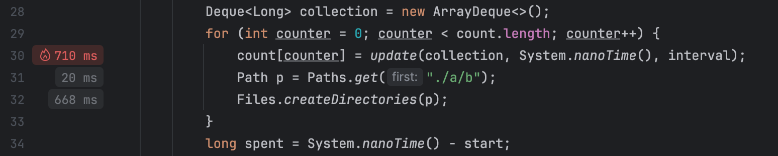 Profiler hints in the editor's gutter
