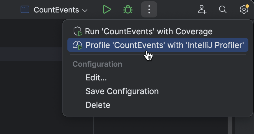 A menu in the run widget shows the Profile option
