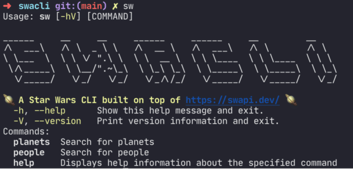 The help commands from swacli