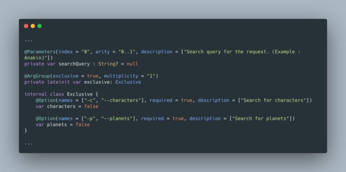 Using argument groups with pico CLI. Snippet of code