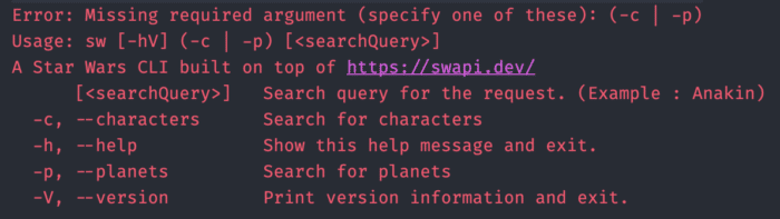 The error message when using the tool without argument