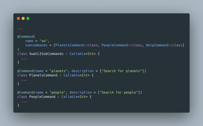 Snippet of code using Subcommands
