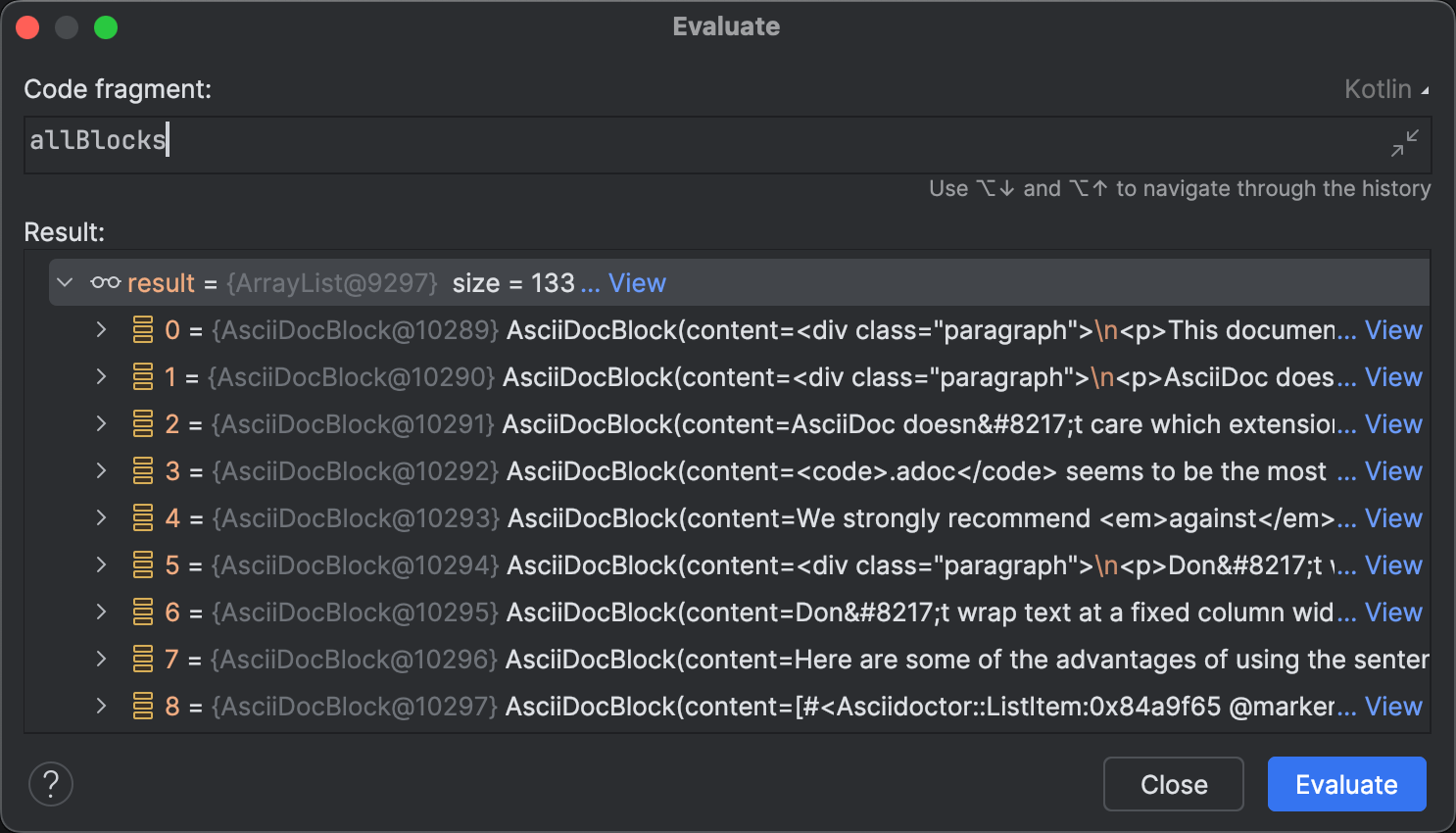The debugger’s evaluate dialog showing the list of parsed blocks