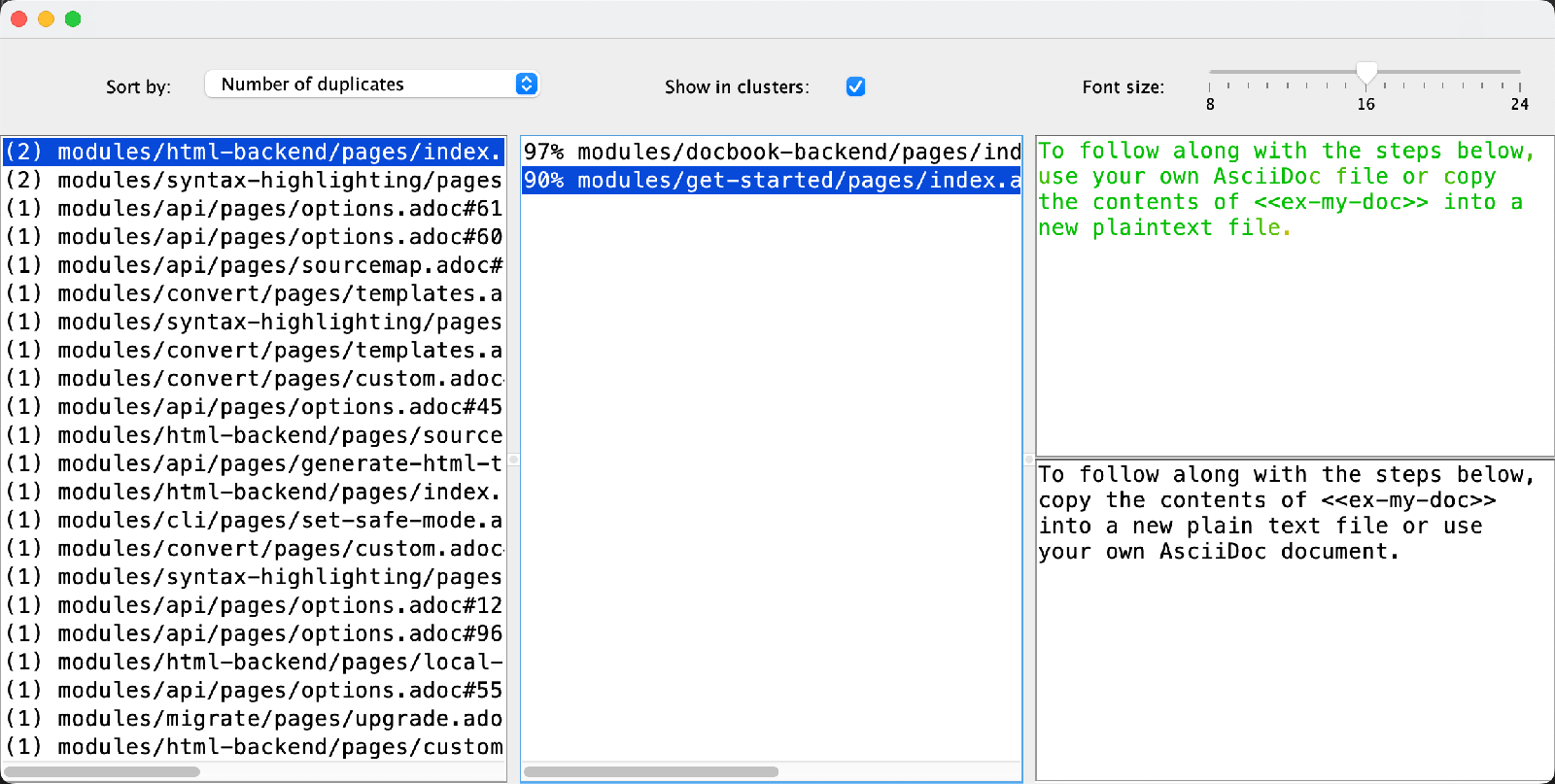 Duplicate Finder UI showing duplicates in AsciiDoctor help