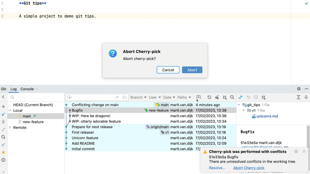 IntelliJ IDEA Git log showing a notification that the Cherry-pick was performed with conflicts and a popup to Abort the Cherry-Pick