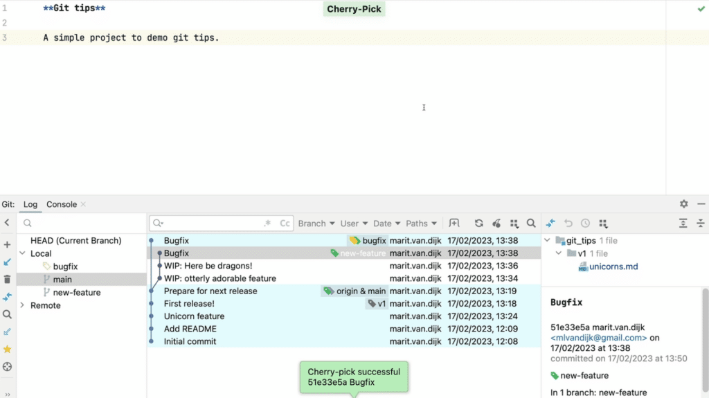 IntelliJ IDEA Git log showing the Bugfix commit on the bugfix branch and a message &ldquo;Cherry-pick successful&rdquo;.