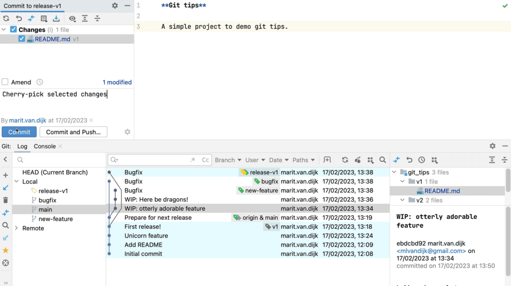 IntelliJ IDEA Commit window with Changes selected to be committed.