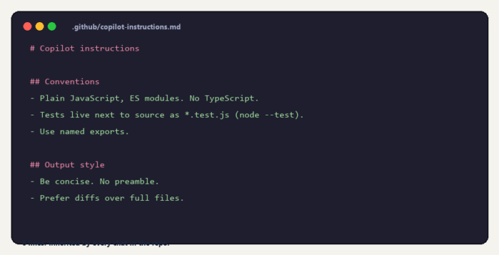 A 6-line copilot-instructions.md is enough to change every session in the repo