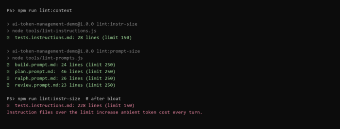 A 30-line lint script catches context bloat the way bundle-size lints catch JS bloat