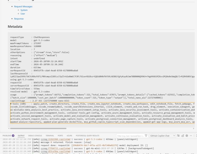 VS Code Output panel showing Copilot Chat ccreq lines — your free token meter