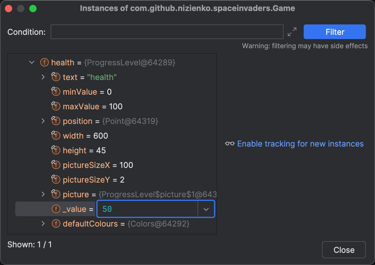 Memory view with a text field against the ‘health’ field containing the user-entered value of 50