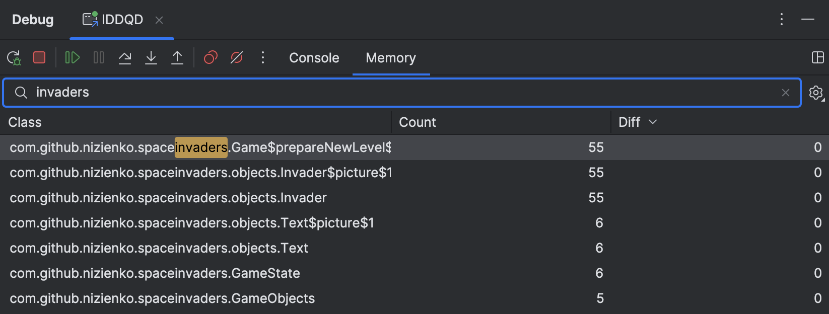Typing ‘invaders’ in the Memory view’s search field shows objects of classes that belong to the ‘spaceinvaders’ package