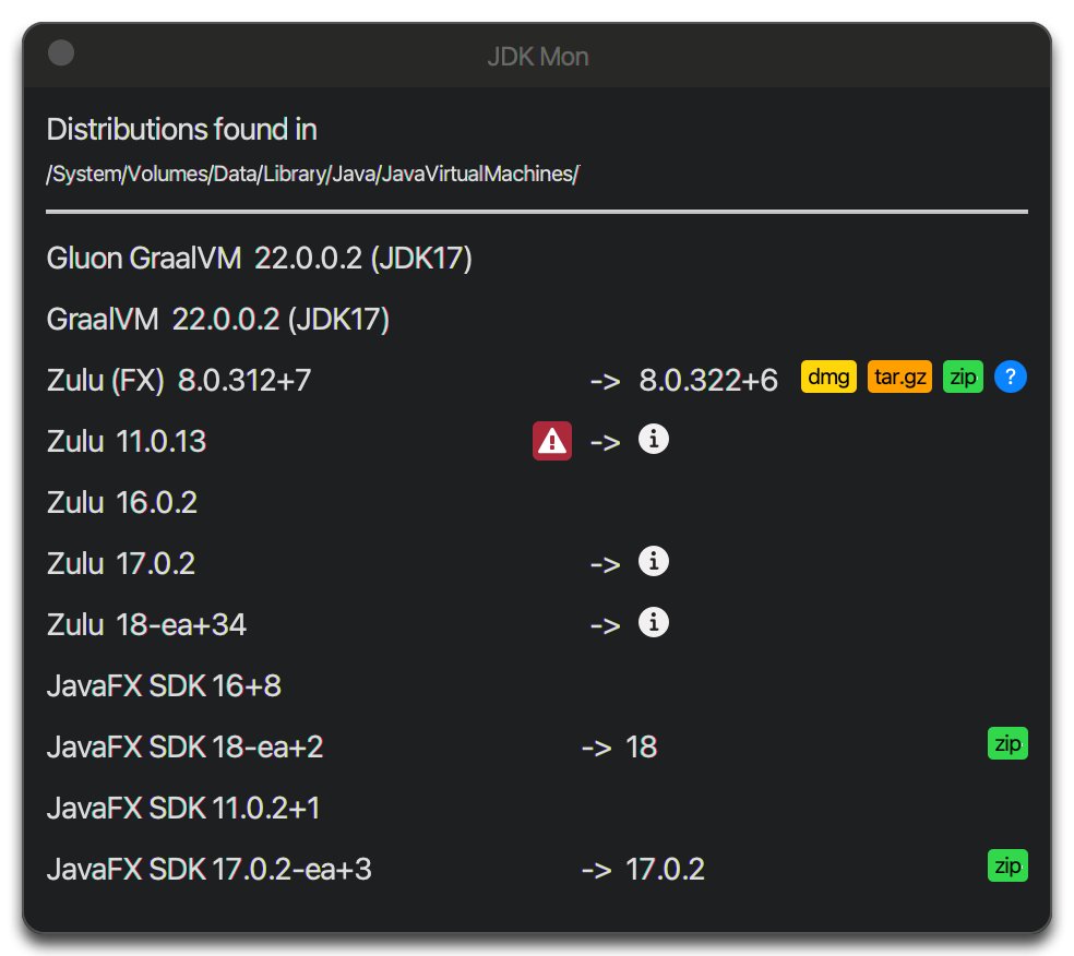 JDKMon showing all the found OpenJDK distributions on the machine