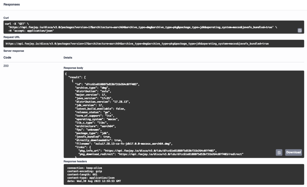Swagger result of package search