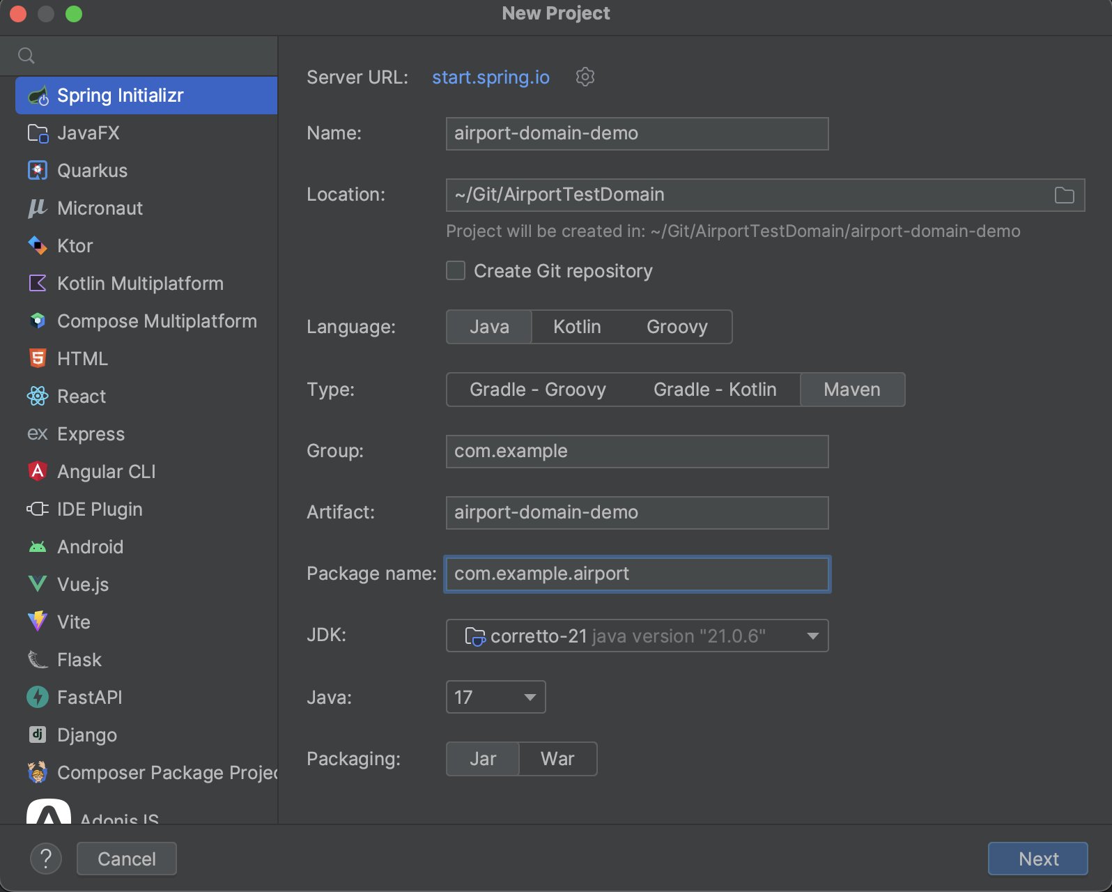 Creating new Java Project using Spring Initializr