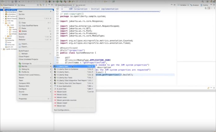 Screenshot of Liberty Tools run as options in the Eclipse IDE