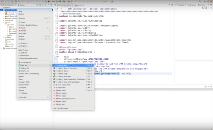 Screenshot of Liberty Tools run as options in the Eclipse IDE