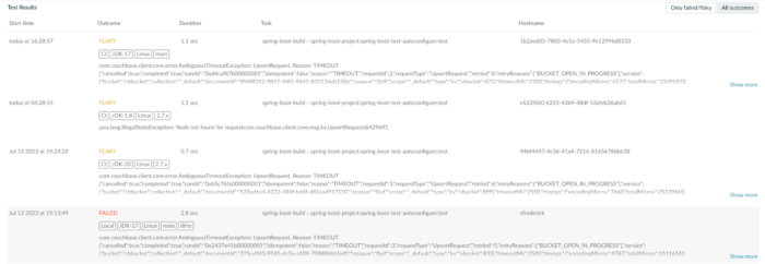 Screenshot of list of builds during which this test ran