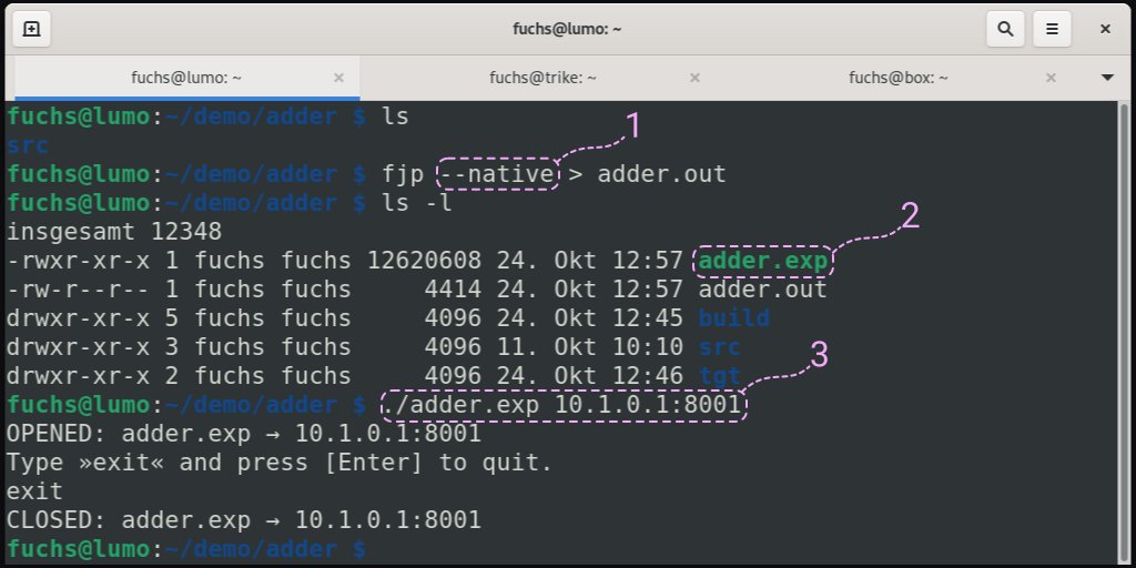 Running the native executable adder.exp built by using FEPCOS-J: Calling fjp --native within the project directory causes the execution of native-image, which generates the native executable adder.exp. Further, the file adder.out contains the piped output for subsequent evaluation. Running adder.exp provides access to the system internet socket 10.1.0.1:8001, which is specified as a parameter.