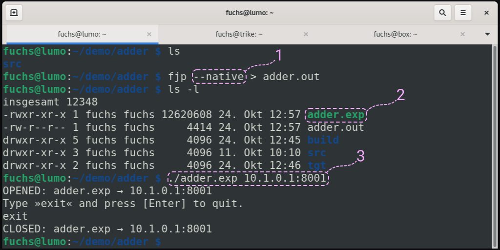 Running the native executable adder.exp built by using FEPCOS-J: Calling fjp --native within the project directory causes the execution of native-image, which generates the native executable adder.exp. Further, the file adder.out contains the piped output for subsequent evaluation. Running adder.exp provides access to the system internet socket 10.1.0.1:8001, which is specified as a parameter.