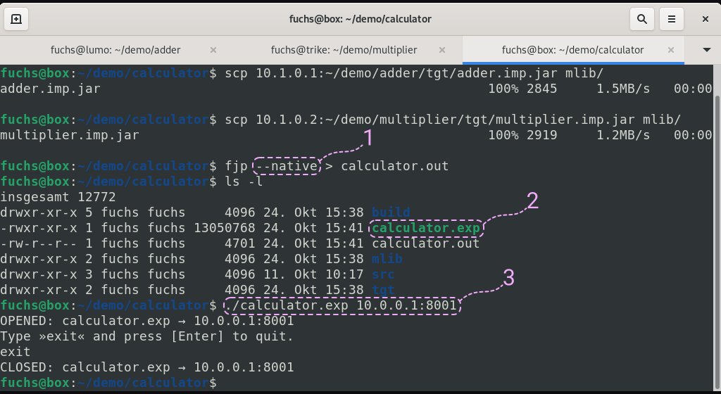Running the native executable calculator.exp built by using FEPCOS-J: Firstly, scp copies adder.imp.jar and multiplier.imp.jar, which are the previously built system import modules of calculator’s parts, into the subdirectory mlib. Calling fjp –native within the project directory causes the execution of native-image, which generates the native executable calculator.exp. Further, the file calculator.out contains the piped output for subsequent evaluation. Running calculator.exp provides access to the system internet socket 10.0.0.1:8001, which is specified as a parameter.