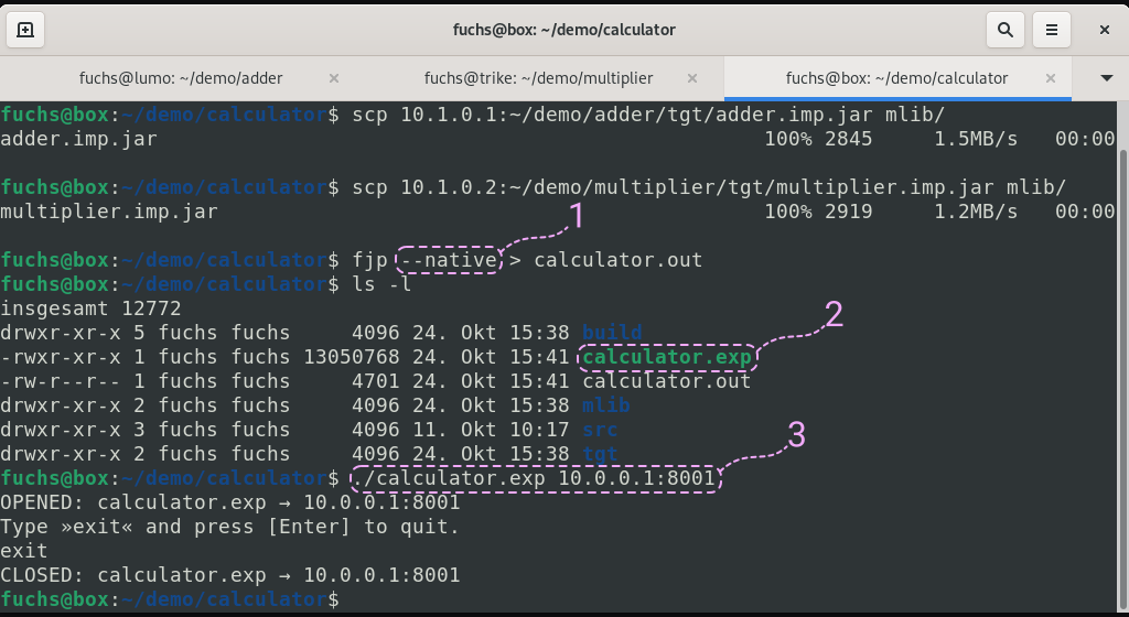 Running the native executable calculator.exp built by using FEPCOS-J: Firstly, scp copies adder.imp.jar and multiplier.imp.jar, which are the previously built system import modules of calculator&rsquo;s parts, into the subdirectory mlib. Calling fjp &ndash;native within the project directory causes the execution of native-image, which generates the native executable calculator.exp. Further, the file calculator.out contains the piped output for subsequent evaluation. Running calculator.exp provides access to the system internet socket 10.0.0.1:8001, which is specified as a parameter.