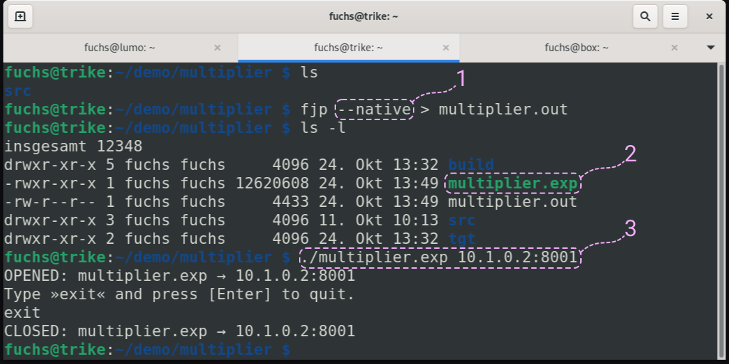 Running the native executable multiplier.exp built by using FEPCOS-J: Calling fjp &ndash;native within the project directory causes the execution of native-image, which generates the native executable multiplier.exp. Further, the file multiplier.out contains the piped output for subsequent evaluation. Running multiplier.exp provides access to the system internet socket 10.1.0.2:8001, which is specified as a parameter.