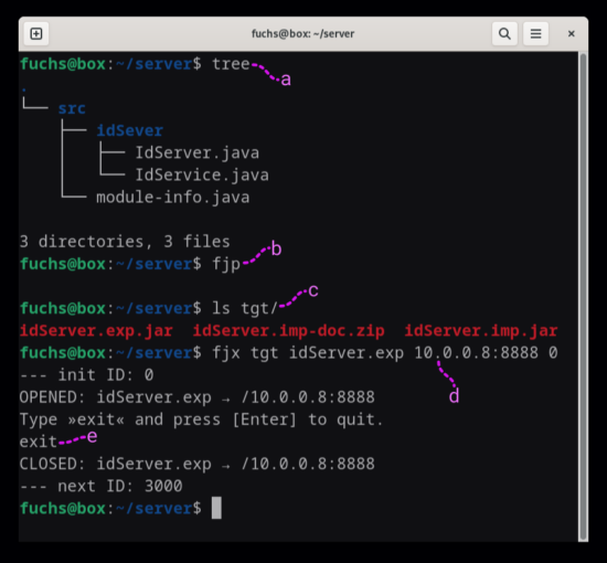 A screenshot shows the exemplary realization of a multithreaded server in Java with FEPCOS-J.