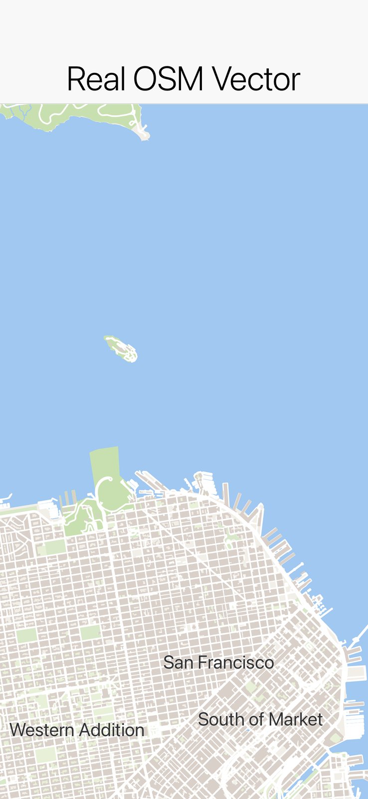 A pure-vector OpenStreetMap render and the same area in the built-in dark style, both drawn entirely through the Codename One Graphics pipeline with no native peer