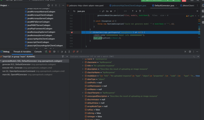 A screenshot of a debug of the model, showing the content of the "allModels" variable