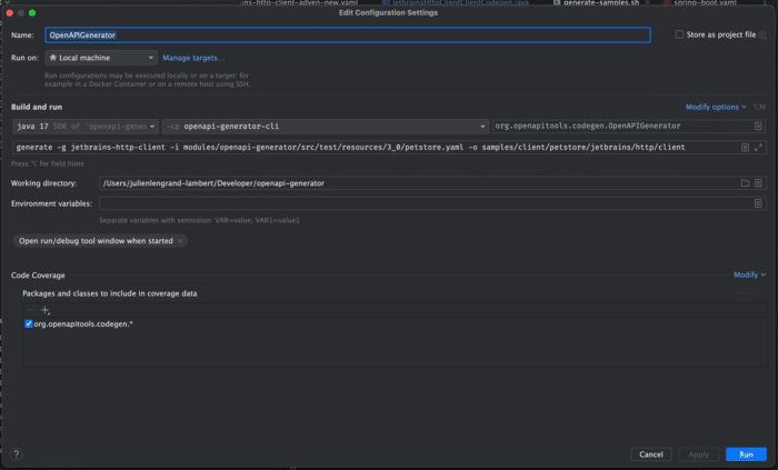 A run configuration in IntelliJ used to run a specific generator