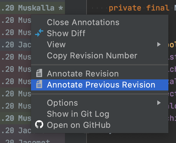 IntelliJ Annotate Previous Commit