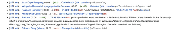 An excerpt of Wikpedia changes