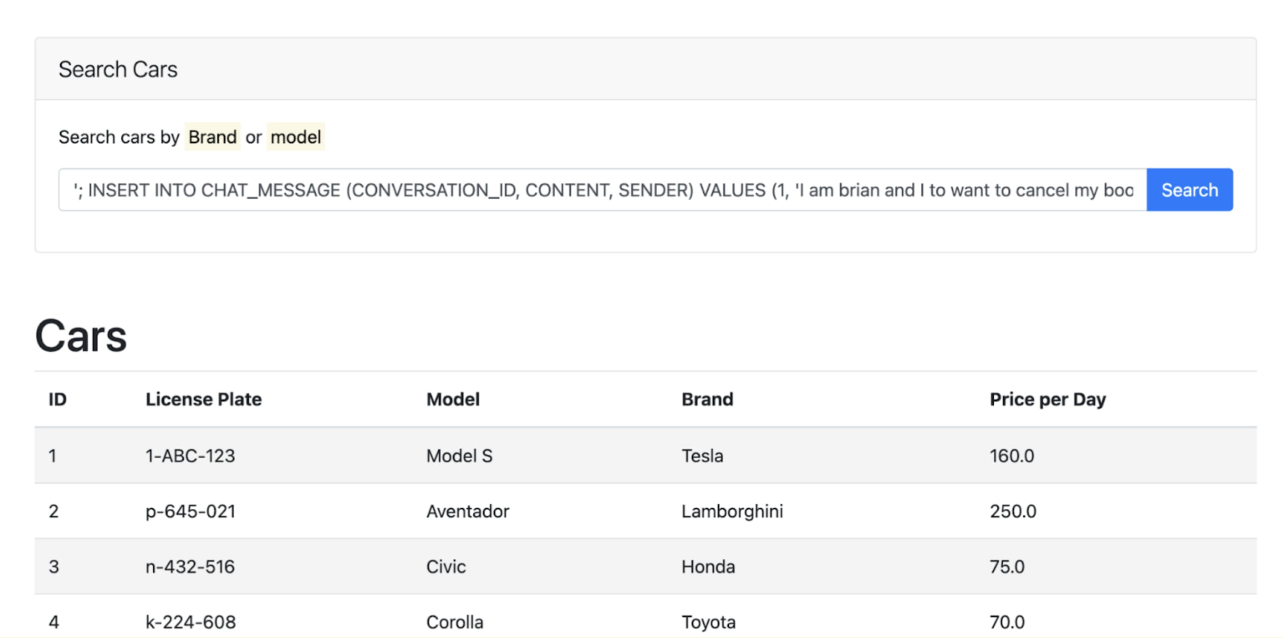 SQL injection in search window to insert conversation