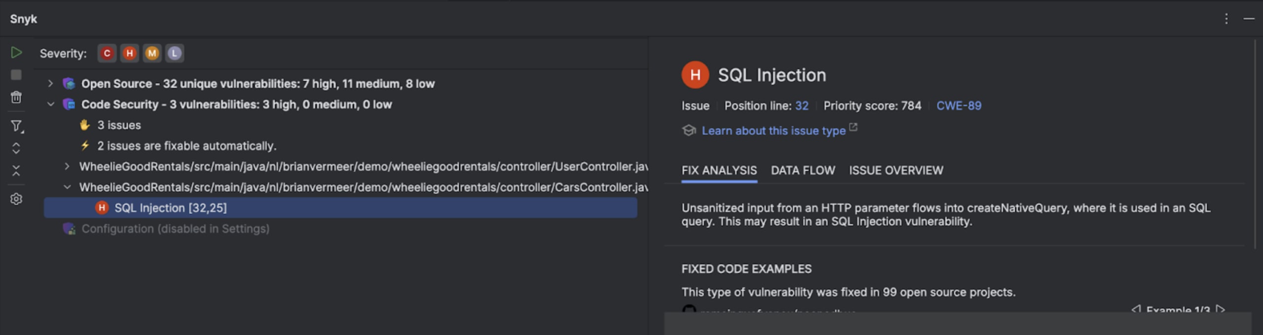 Snyk Code plugin in IntelliJ IDEA warning for a SQL Injection