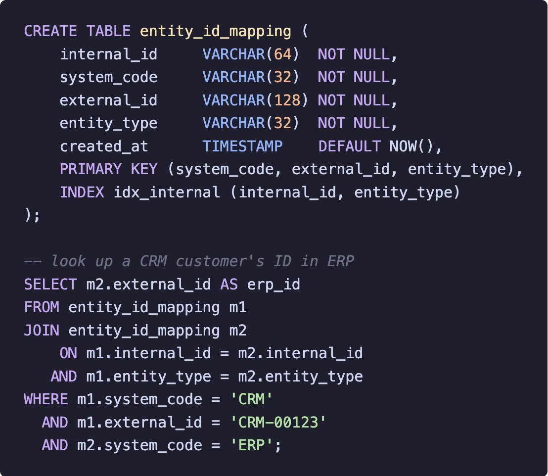 SQL schema for the entity_id_mapping table plus a cross-system ID lookup query