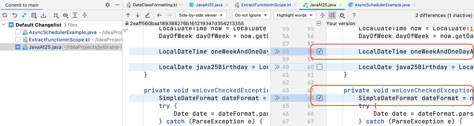 Default changelist - partial file selected