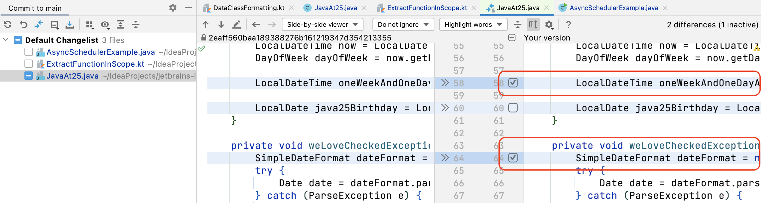 Default changelist - partial file selected