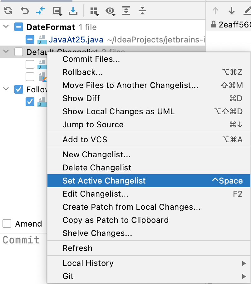 Set Active IntelliJ IDEA Changelist
